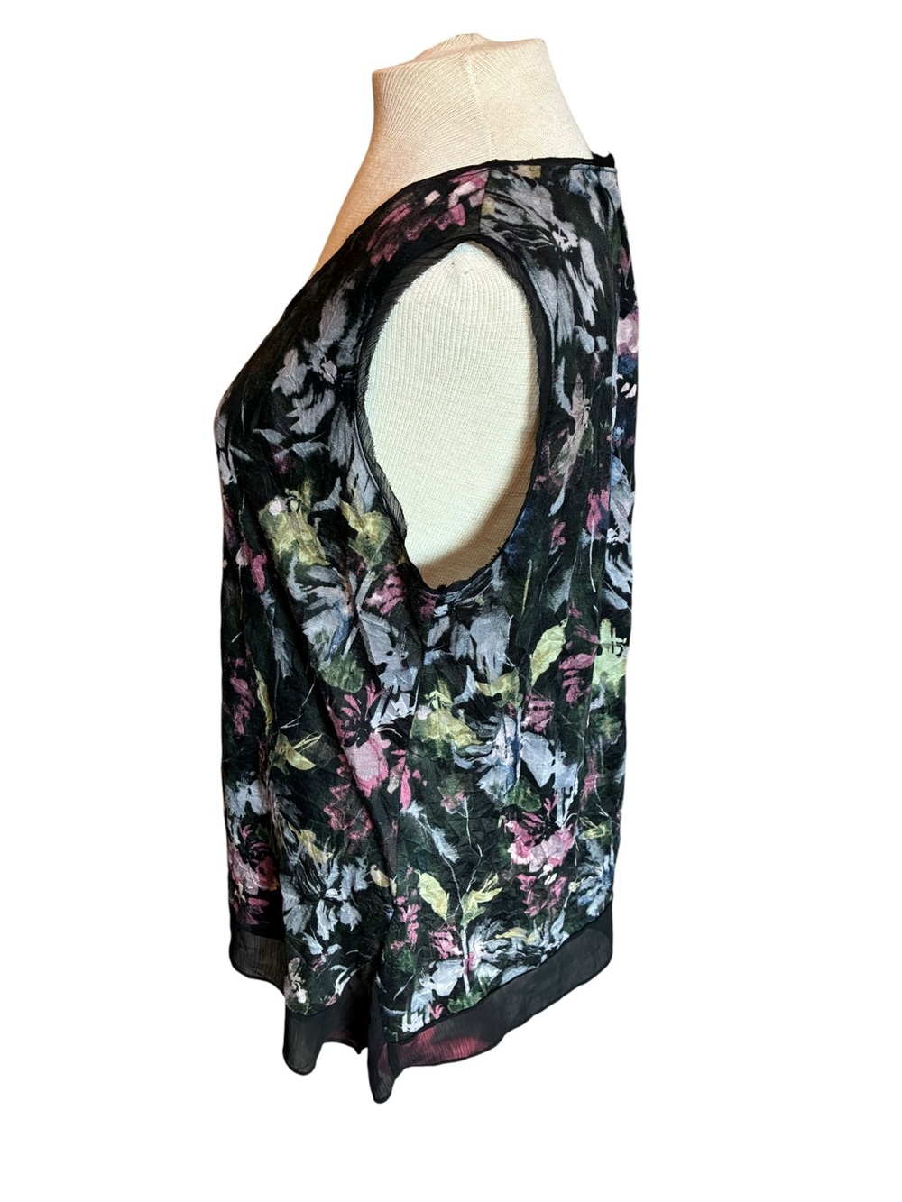 Floral Sheer Layered Sleeveless Top - with frayed lace neckline Black/Multi - Picture 3 of 5
